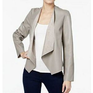 INC‎ Faux Leather and Lace Jacket Size PP Petite Truffle Taupe Open Front